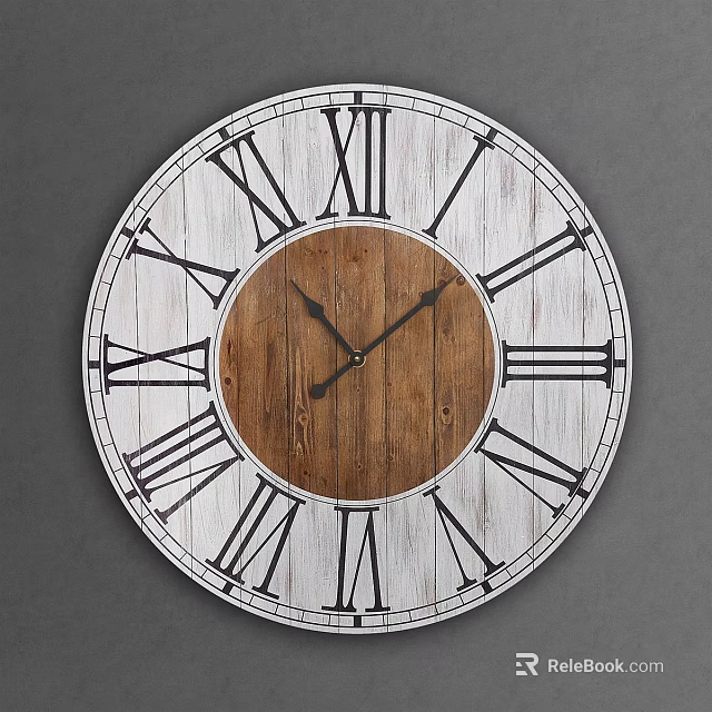 Rustic Wooden Wall Clock With White Frame And Black Roman Numerals 3d model 