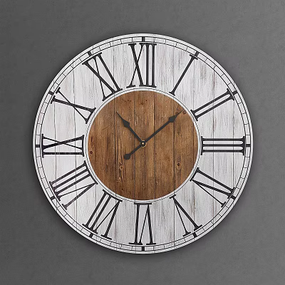 Rustic Wooden Wall Clock With White Frame And Black Roman Numerals 3d model