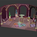 Cartoon Style Palace Interior With Arched Doorways Golden Accents Pink Purple Decor And Green Plants