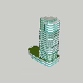 Modern Office Building With Glass Curtain Wall And Tall Structure Under Blue Sky
