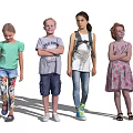 Group of children standing in different casual outfits on white background