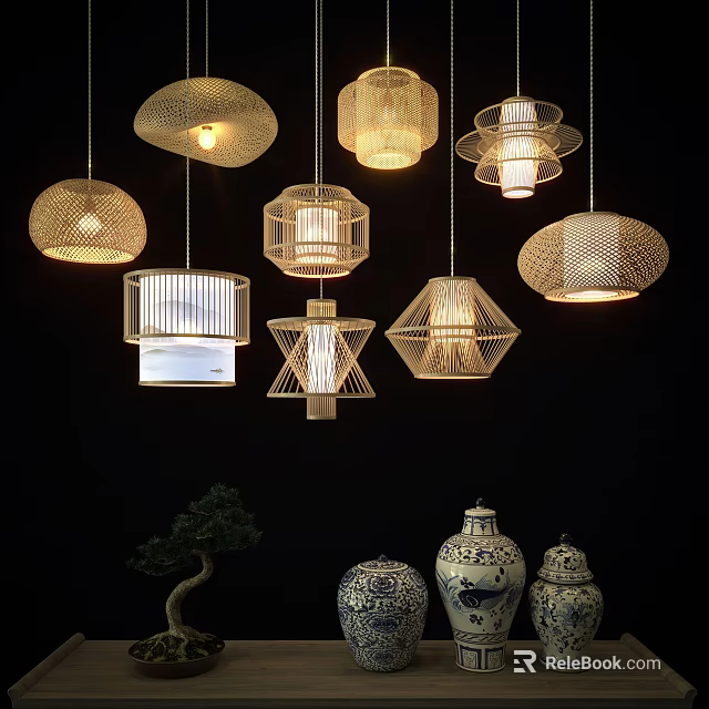 Various Traditional Oriental Woven Chandeliers with Geometric Patterns and Blue White Porcelain Vases 3d model 