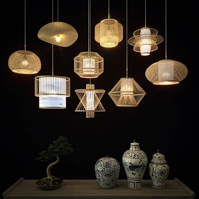 Various Traditional Oriental Woven Chandeliers with Geometric Patterns and Blue White Porcelain Vases 3d model