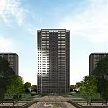 Modern High Rise Residential Building With Trees And Clear Blue Sky