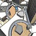 Modern Commercial Plaza With High Rise Buildings LED Screen Fountain Shops And Pedestrians