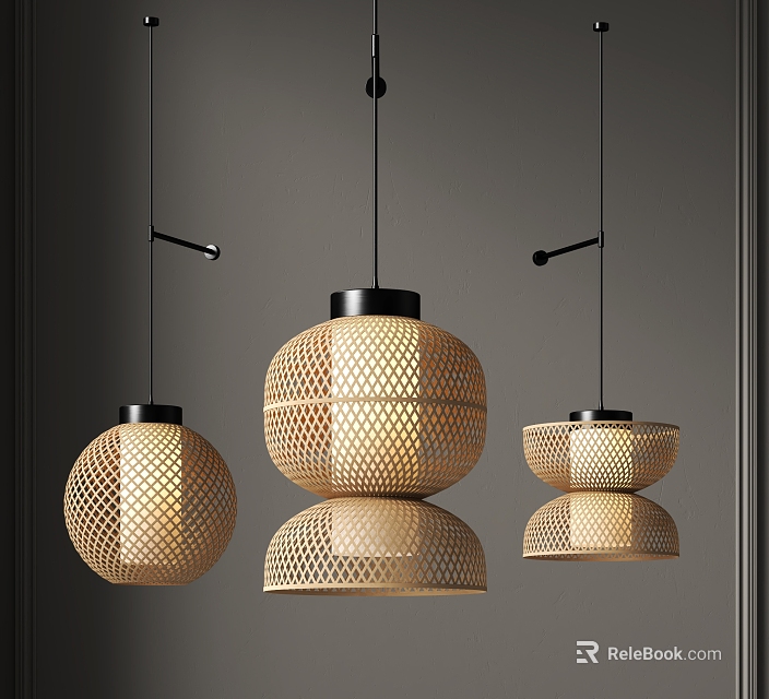 Three Bamboo Pendant Lights With Perforated Design And Warm Glow In Modern Interior 3d model 