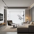 Modern Living Room Interior With Light Sofa Armchair Coffee Table Large Window And Potted Plant