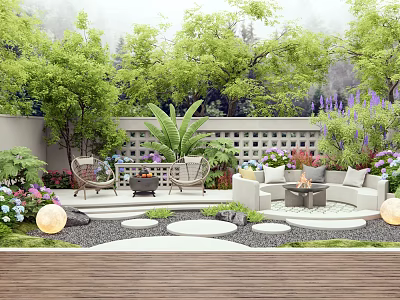 Beautiful Garden Outdoor Space With Comfortable Seating Fire Pit Lush Plants And Decorative Lights 3d model