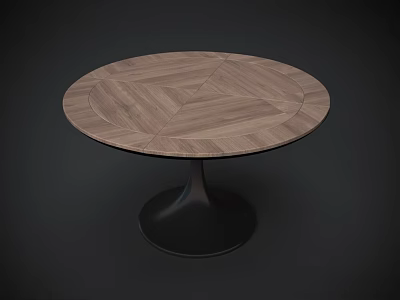 Modern Round Dining Table With Wood Grain Geometric Pattern And Black Base 3d model