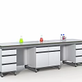 Laboratory Workbench with Colored Conical Flasks Drawers and Cabinets in White and Gray Design
