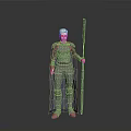 White Haired Man in Metallic Armor With Blue Cape Holding Long Staff