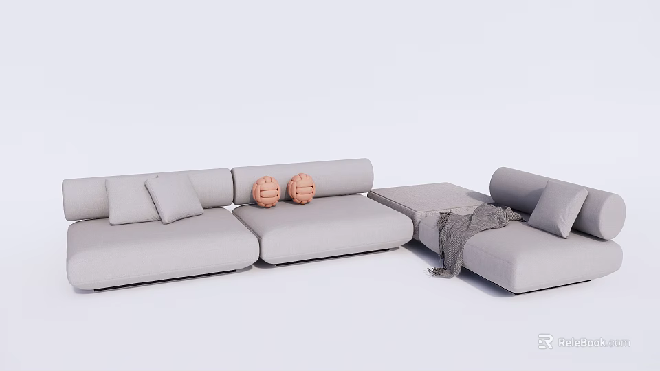 Modern Light Gray Sectional Sofa With Comfortable Cushions And Throw Blanket 3d model