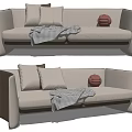 Modern Minimalist Two Seater Sofa With Beige Upholstery Checkered Blanket And Soft Pillows