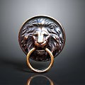 Bronze Lion Head Door Knocker With Mane And Golden Ring On Dark Background With Reflection