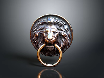 Bronze Lion Head Door Knocker With Mane And Golden Ring On Dark Background With Reflection 3d model