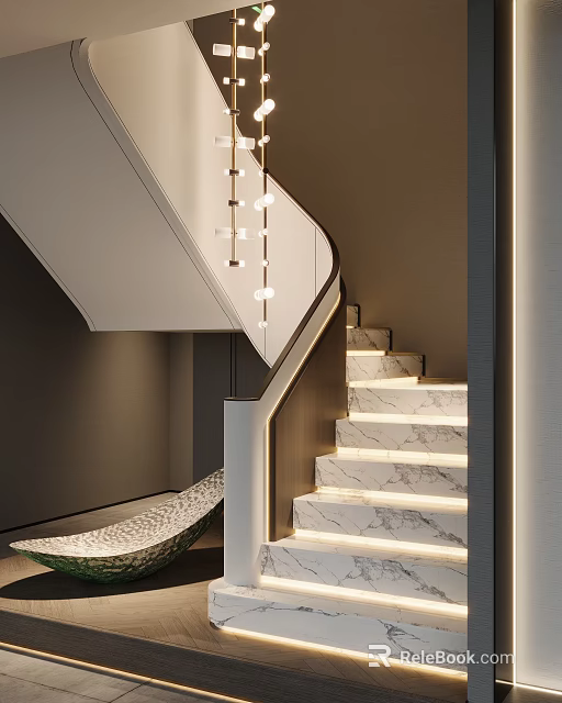 Curved Staircase With Marble Steps And Built-in LED Lighting Modern Glass Railing Minimalist Design 3d model 