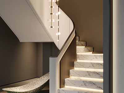 Curved Staircase With Marble Steps And Built-in LED Lighting Modern Glass Railing Minimalist Design 3d model