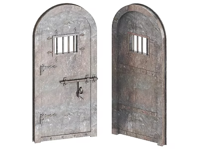 Ancient Arched Metal Gate with Iron Bars Rusted Surface and Old Lock and Metal Hinges 3d model