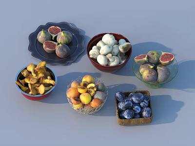 Delicious Fresh Figs Mushrooms Apricots And Plums In Bowls On Plates 3d model