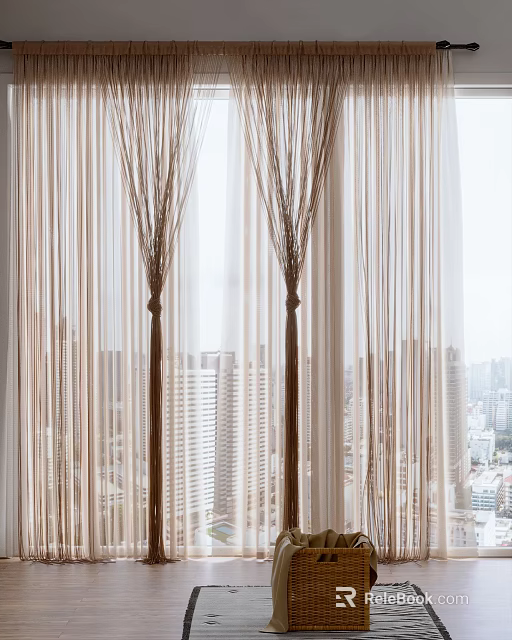 Sheer Beige Curtains with Brown Branch-like Ties Enhancing Modern City View Windows 3d model 