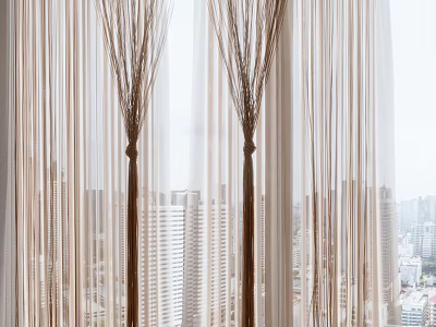 Sheer Beige Curtains with Brown Branch-like Ties Enhancing Modern City View Windows 3d model