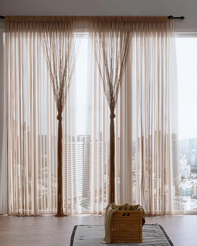 Sheer Beige Curtains with Brown Branch-like Ties Enhancing Modern City View Windows 3d model