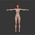 Woman With Red Hair Wearing Light Green Bikini Standing With Arms Outstretched Against Gray Background