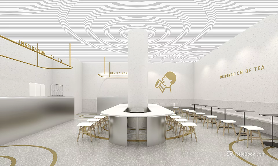 Modern Milk Tea Shop Interior With White Gold Decor Circular Bar Counter Tables And Chairs 3d model 