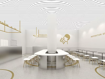 Modern Milk Tea Shop Interior With White Gold Decor Circular Bar Counter Tables And Chairs 3d model
