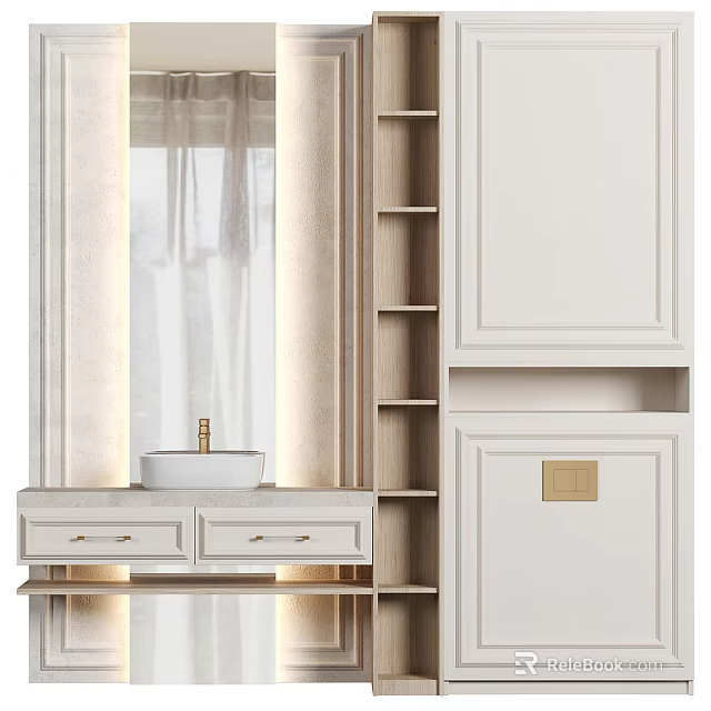 Modern Bathroom Vanity With White Cabinet Drawers Wooden Shelves And Soft Lighting 3d model 