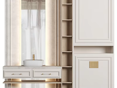 Modern Bathroom Vanity With White Cabinet Drawers Wooden Shelves And Soft Lighting 3d model