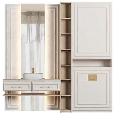 Modern Bathroom Vanity With White Cabinet Drawers Wooden Shelves And Soft Lighting 3d model