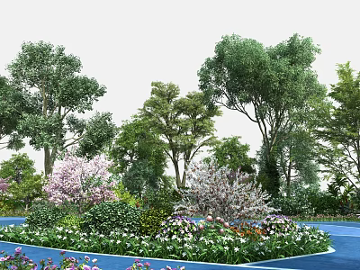 Lush Garden Landscape With Various Trees Pink White Flowering Plants And Blue Paved Ground 3d model