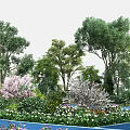Lush Garden Landscape With Various Trees Pink White Flowering Plants And Blue Paved Ground
