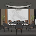 Modern Private Dining Room With Round Table Comfortable Chairs Chandelier Decorative Wall And Green Plants