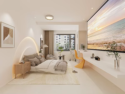 Modern Bedroom Interior With Large Screen TV Sea View And Minimalist Furniture 3d model