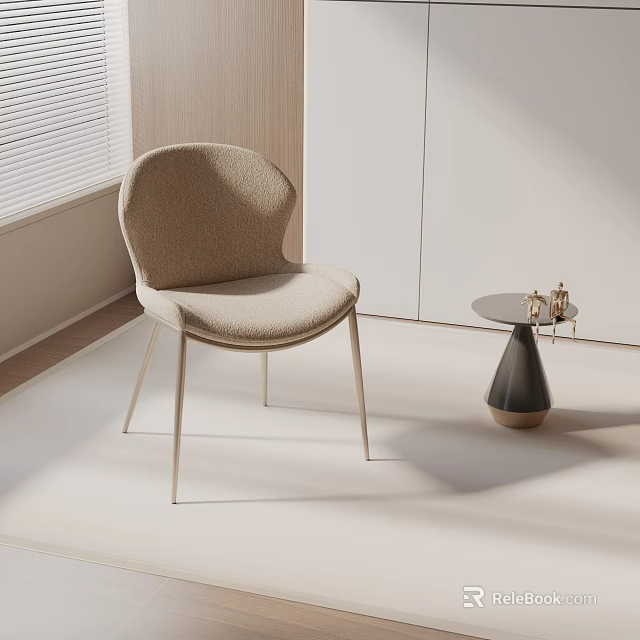 Modern Beige Accent Chair with Slim Metal Legs Near Small Side Table and Blinds 3d model 