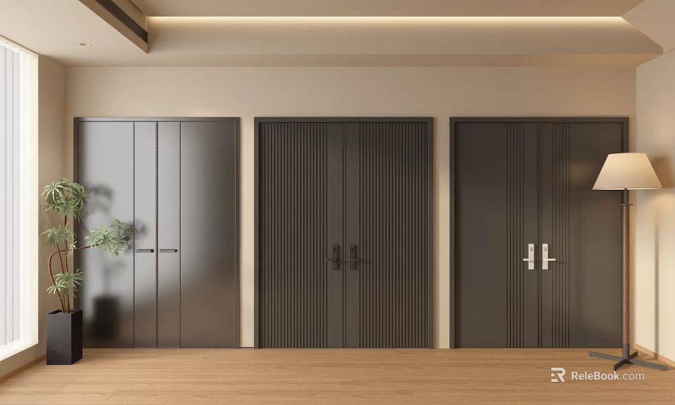 Three Modern Black Security Doors With Vertical Stripes And Sleek Handles 3d model