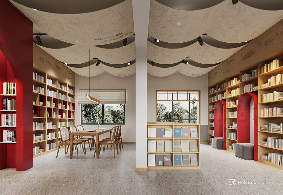 Book Art Inspired Library Interior Featuring Red Pillars Arched Bookshelves Wavy Ceiling And Wooden Furniture 3d model 