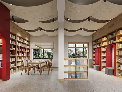 Book Art Inspired Library Interior Featuring Red Pillars Arched Bookshelves Wavy Ceiling And Wooden Furniture 3d model