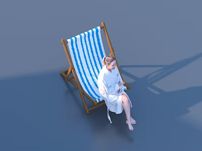 Relaxing Blue And White Striped Beach Chair With Bathrobe Sitting Person Outdoors 3d model