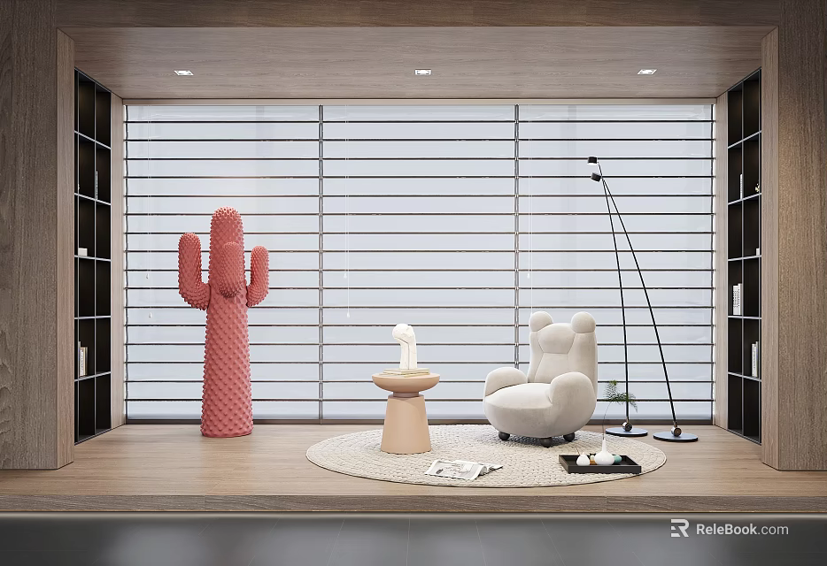 White Single Sofa In Modern Interior With Floor Lamp Pink Cactus And Small Round Table 3d model 
