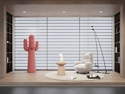 White Single Sofa In Modern Interior With Floor Lamp Pink Cactus And Small Round Table 3d model