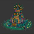 Cartoon Style Pyramid Scene With Green Yellow Colors Palm Like Leaves Steps And Red Flowers