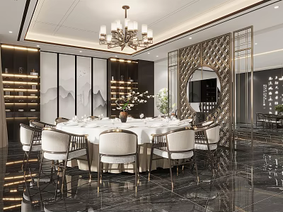 Luxurious Chinese Style Private Dining Room With Round Table White Chairs Marble Floor And Chandelier 3d model