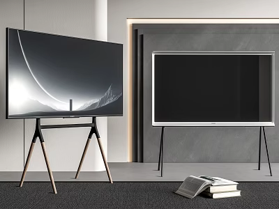 Two Stylish Televisions In Modern Living Room With Stands And Books 3d model