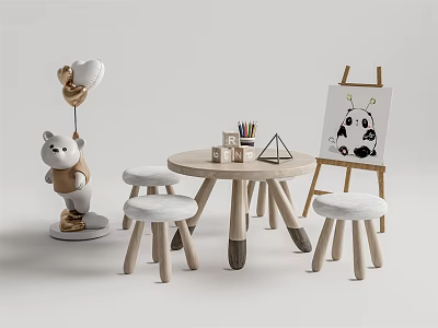 Kids Table with Stools Colorful Pencils Easel Teddy Bear and Balloon 3d model