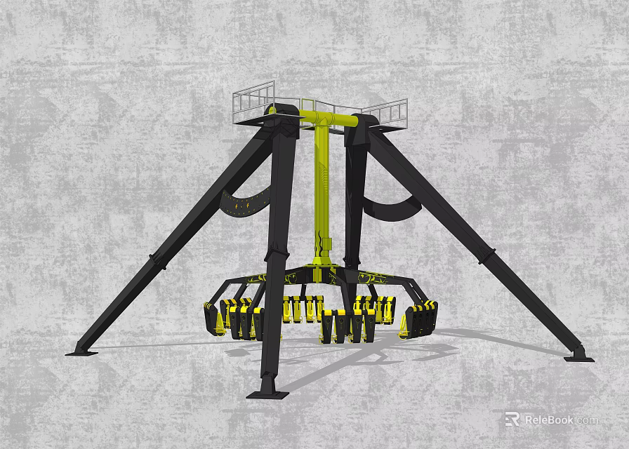 Thrilling Rotating Amusement Ride with Black Metal Frame Yellow Suspended Seats and High Platform Design 3d model 