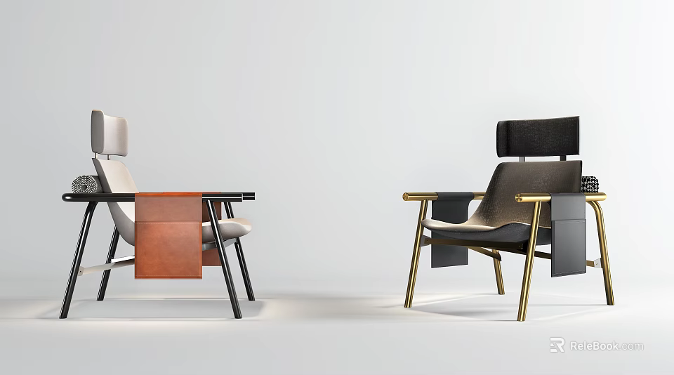Two Modern Leisure Chairs Featuring Metal Armrests And Contrasting Upholstery Colors 3d model 