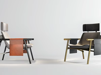 Two Modern Leisure Chairs Featuring Metal Armrests And Contrasting Upholstery Colors 3d model